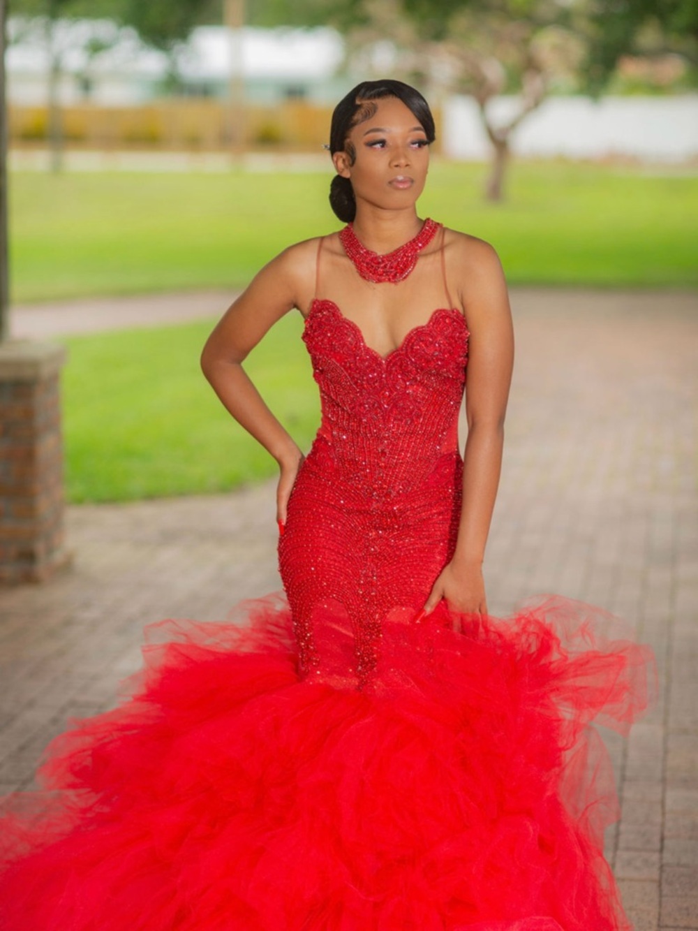 Elegant Red Beaded Mermaid Prom Dress